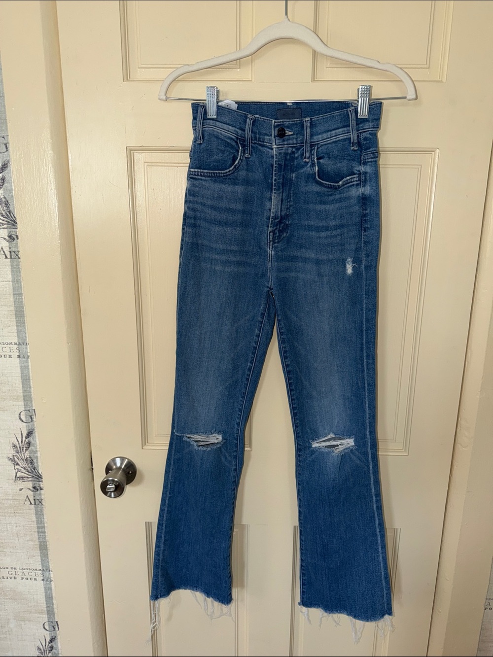 MOTHER Medium Blue Distressed Flare Jeans